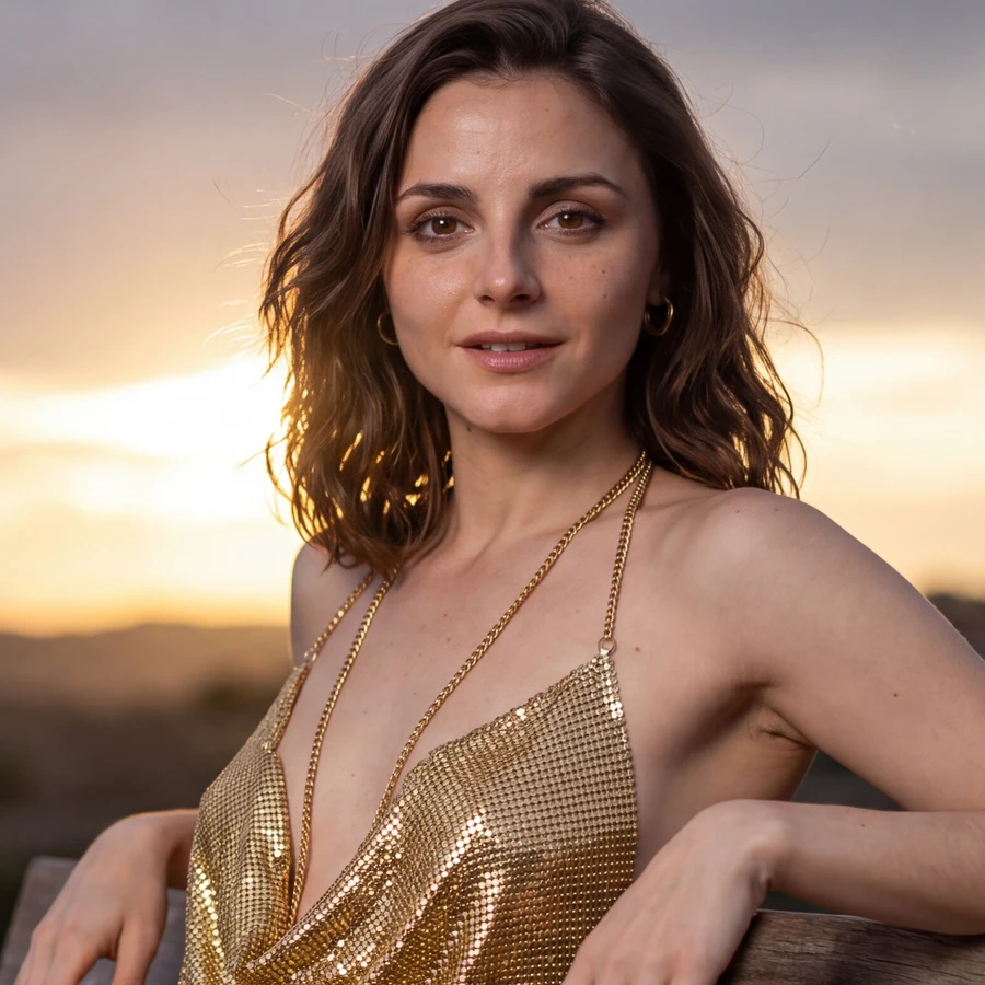 Close portrait of Soaira, gold chainmail top, sunset hinterland